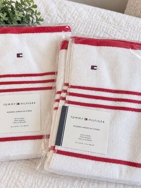 Tommy Hilfiger White Bath Towels with Red Stripe Accents two total for the pair